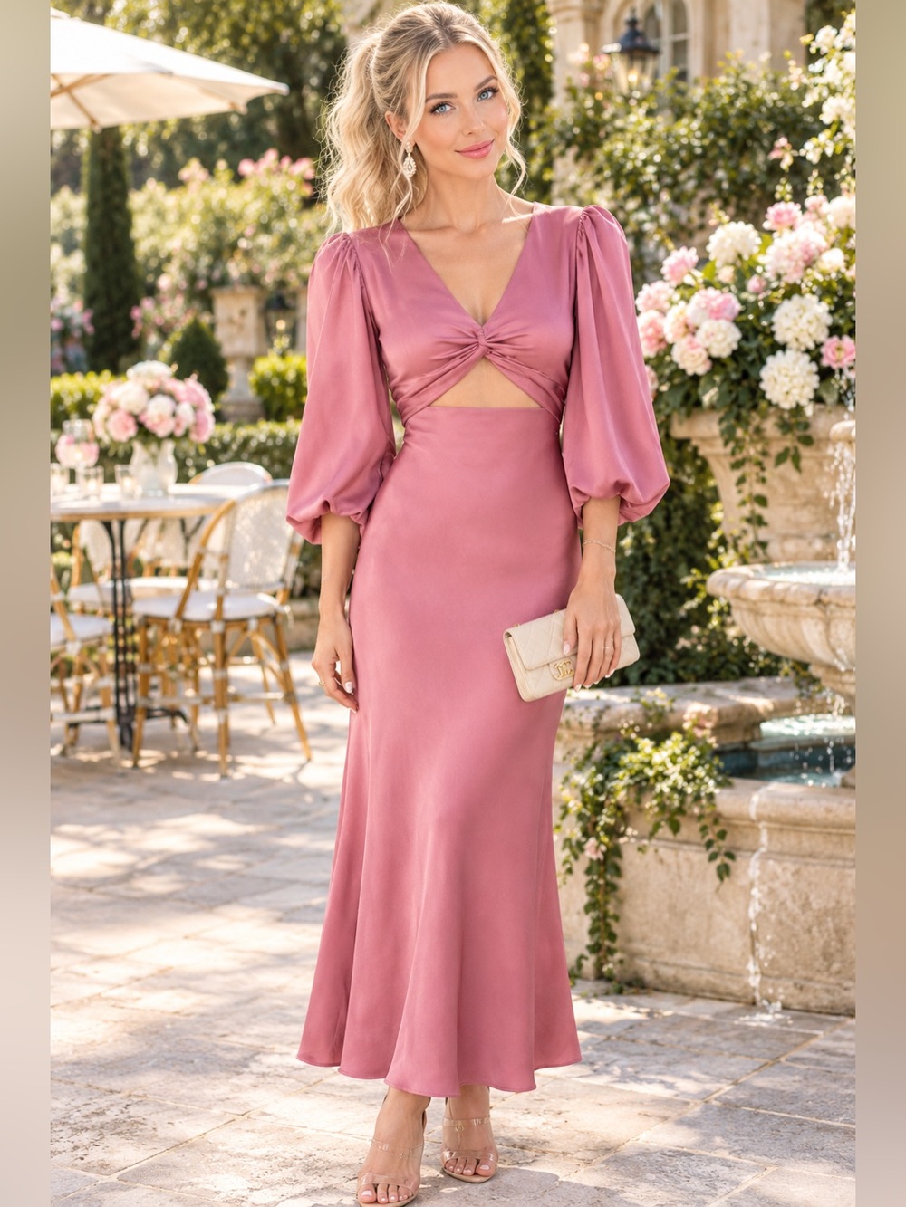 Shona Joy Luxe Twist Front Balloon Sleeve Midi Dress in Rose size 6 NWT